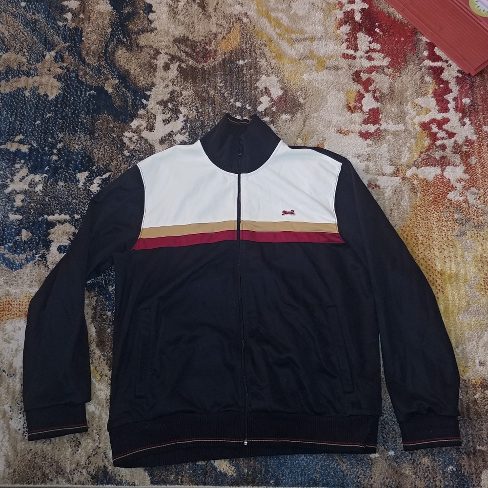 Le Tigre Black Track Jacket with White, Gold, and Maroon Stripes